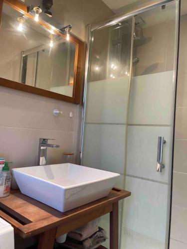 une salle de bain avec un lavabo blanc et une douche dans l'établissement Wonderful apartment near Arc de Triomphe 2P, à Paris