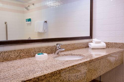 a bathroom counter with a sink and a mirror at Pear Tree Inn St Louis Convention Center in Saint Louis