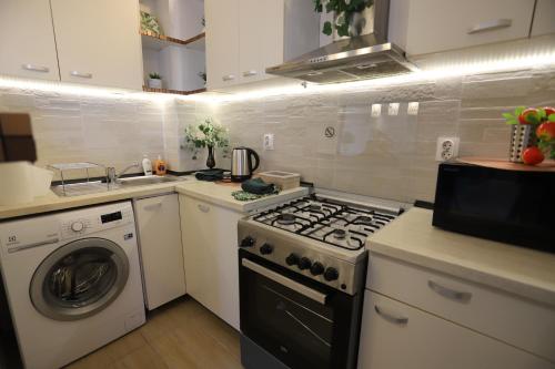 a kitchen with a stove and a washing machine at Apartament Beauty Smarald by Cosmopolis in Ştefăneştii de Jos