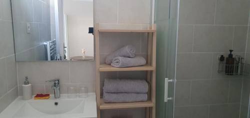 a bathroom with a sink and a shower with towels at Studio Grand Confort à Houilles in Houilles