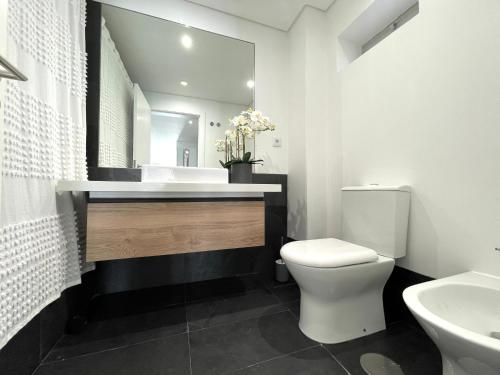 een badkamer met een wastafel, een toilet en een spiegel bij Sesimbra Mar e Sol in Sesimbra
