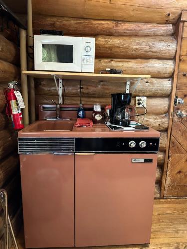a kitchen with a stove and a microwave at Justin Trails Resort in Sparta