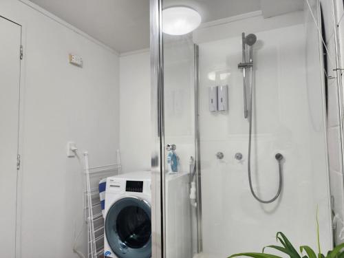 um chuveiro com uma máquina de lavar roupa na casa de banho em CQN's em Wellington