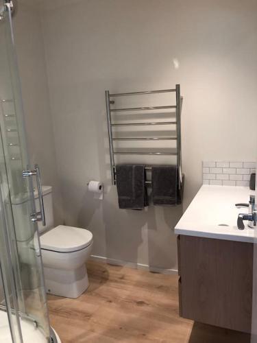 a bathroom with a toilet and a sink at Brightside Cosy Farmstay in Papamoa