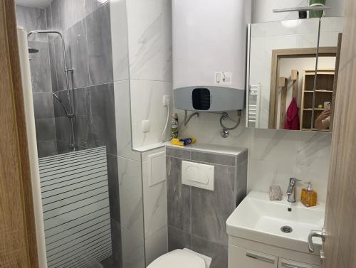 a bathroom with a shower and a toilet and a sink at Apartments with WiFi Split - 21956 in Split