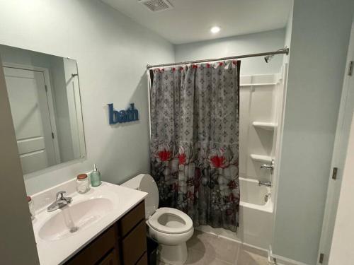 a bathroom with a sink and a toilet and a shower at Modern Wi-Fi, Pet friendly home for Families in Greenville