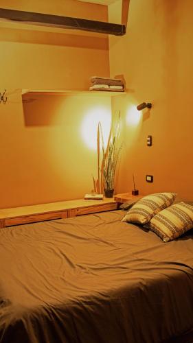 Un dormitorio con una cama con una planta. en Ecolodge Cuentos de Agua, en Villamaría