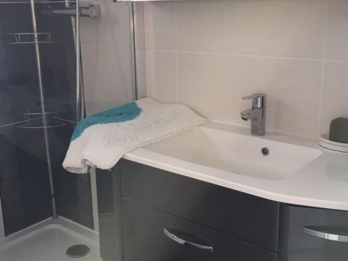 une salle de bain avec un lavabo et une douche dans l'établissement Fort-Mahon-Plage: Appartement 3 chambres proche plage, grand balcon, parking - FR-1-482-42, à Fort-Mahon-Plage
