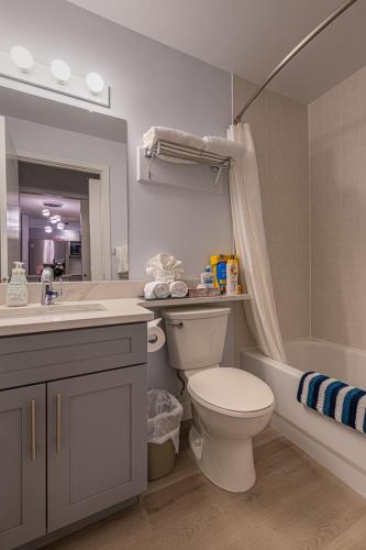 a bathroom with a toilet and a tub and a sink at Mountain View One Bedroom Vacation Suite - WindTower 119 in Canmore