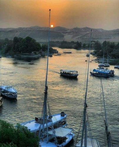 a group of boats in the water at sunset at برنامج سياحي كامل داخل اسوان in Aswân Reservoir Colony