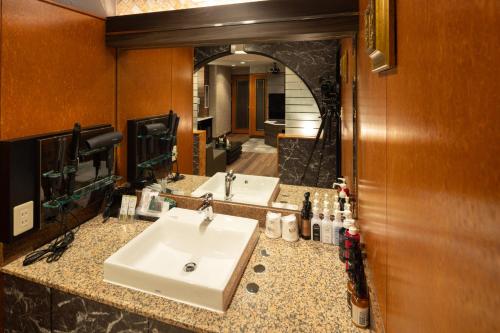 a bathroom with a sink and a large mirror at ホテル ブルジュア 久留米 Hotel Bvljua -レジャーホテル- in Kurume
