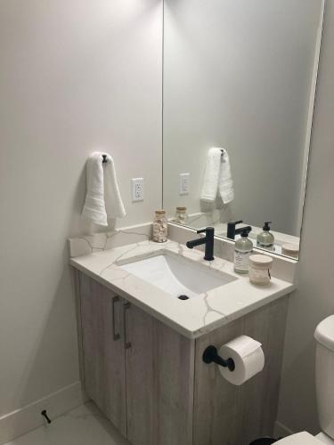 een badkamer met een wastafel en een spiegel bij Modern and cozy 4-Plex with a view! (1Bed, 1 Private Bathroom) in Kelowna