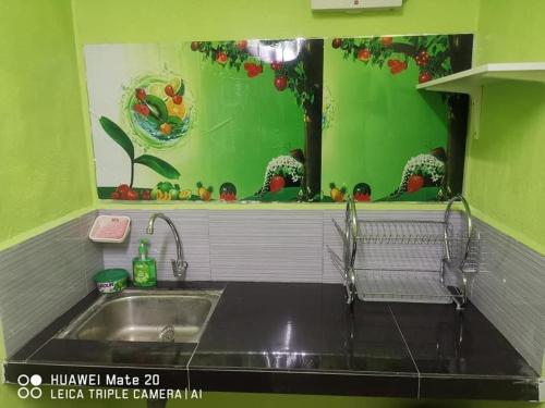 a kitchen with a sink and a green wall at LS ROMESTAY in Kangar
