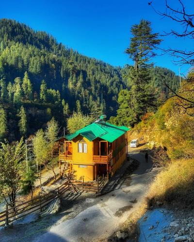 a house with a green roof on a mountain at The Misty Wilds Home, Jibhi in Jibhi