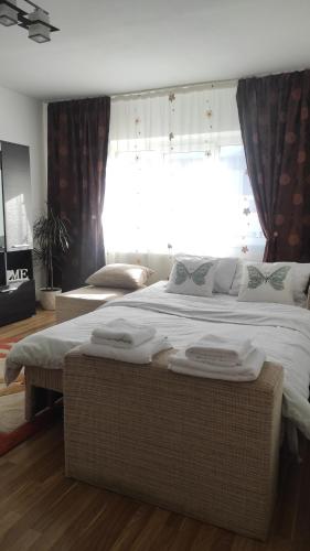 a bedroom with a large bed and a window at Noua Apartment in Braşov