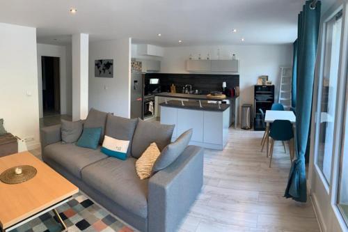 a living room with a couch and a kitchen at Le Globetrotteur T3 pour 4 pers 70m2 au cœur d'Annecy in Annecy