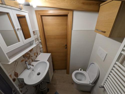 a small bathroom with a toilet and a sink at Mansarda con vista panoramica Limone Piemonte in Limone Piemonte