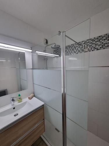 a bathroom with a glass shower and a sink at Appartement dans la residence calme in Saint-Florent