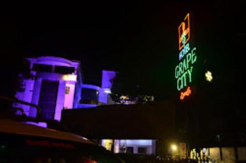 um sinal de néon em frente a um edifício à noite em Hotel Grape City,Nashik em Nashik