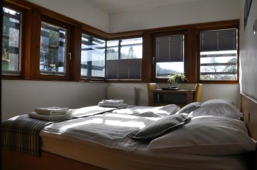 a bedroom with a bed with pillows and windows at Hotel Celjska Koca in Celje