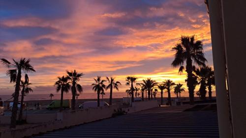- un coucher de soleil sur la plage avec des palmiers et un escalier dans l'établissement Barcarès villa de mer, plage et village 3 étoiles, au Barcarès