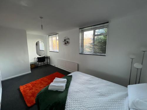 a bedroom with a large bed and a mirror at a two bedroom cosy hideaway based in greenwich in London