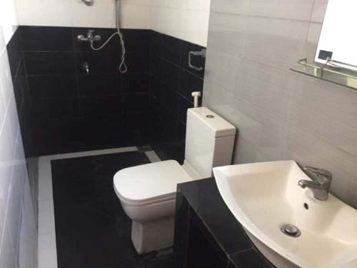 a bathroom with a white toilet and a sink at Hemamala Bungalow in Anuradhapura