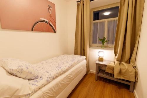 una piccola camera con letto e finestra di Apartmany Tachov Ground Floor a Tachov