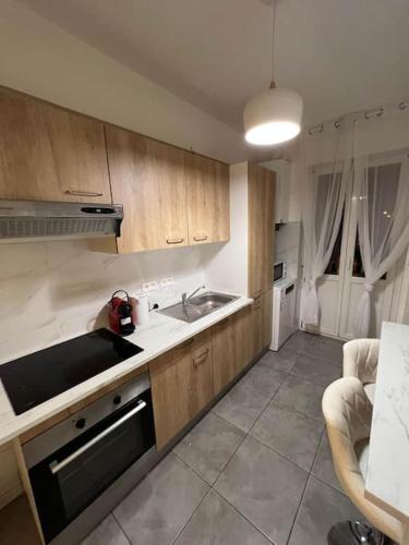 une cuisine avec un évier et une cuisinière four supérieur dans l'établissement Esprit Mulhouse - 3 chambres de charme, à Mulhouse