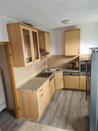 cocina con armarios de madera, fregadero y nevera en NB Hochschule Zwei Zimmer Wohnung, en Neubrandenburg