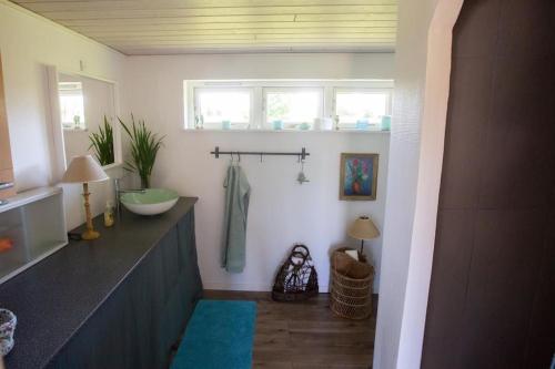 a bathroom with a counter and a sink in a room at Kongsholmlund. Enjoy the countryside. in Vejby