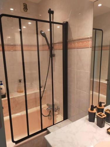 La salle de bains est pourvue d'une douche et d'une baignoire. dans l'établissement Appartement spacieux (78m2)- vue imprenable, à Vannes