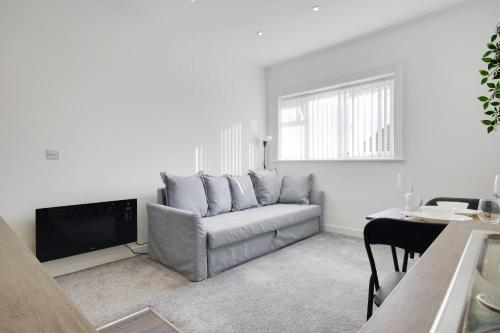 a living room with a couch and a television at 279 Ashley Road in Parkstone