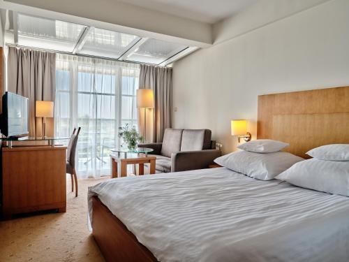 プシェジミエロボにあるHotel Edisonの大きなベッドとデスクが備わるホテルルームです。
