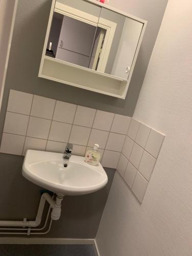 uma casa de banho com um lavatório branco e um espelho. em Vandrarhem Köping em Köping
