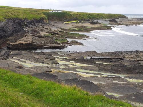 a rocky shoreline with the ocean and the grass at Ocean Heights B&B in Lissadell