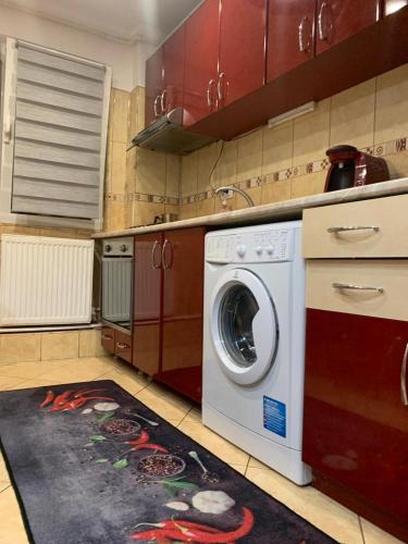 a kitchen with a washing machine on a rug at Apartament B Orizont in Bacău