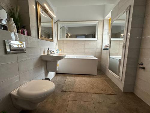 a bathroom with a toilet and a tub and a sink at Downtown "Rendez-Vous" Luxury in Bacău