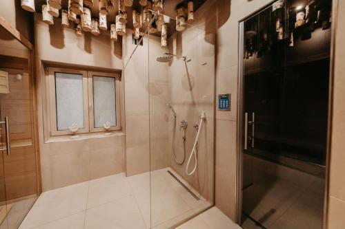 bagno con doccia e porta in vetro di *Relax Apartment* für 4 am Weinberg mit Sauna a Spielfeld