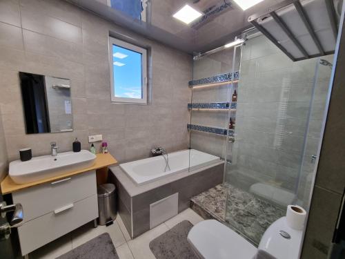 a bathroom with a sink and a tub and a toilet at Park Loft, Calea Iesilor 67 in Chişinău