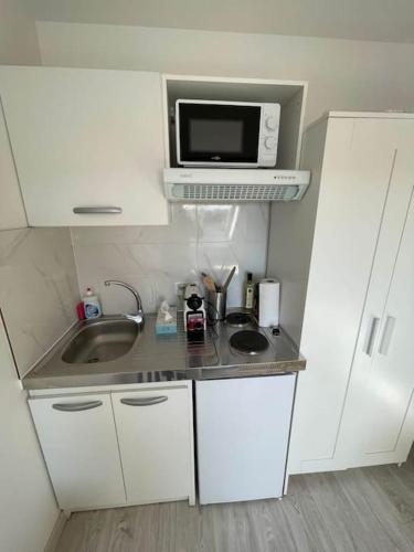 une petite cuisine avec un évier et un micro-ondes dans l'établissement Esprit Beige - Joli Studio Salengro - Sauna & Sport club, à Mulhouse