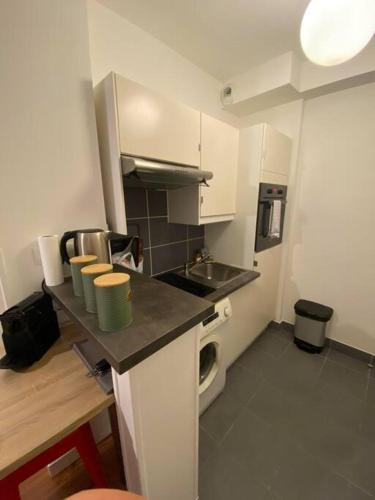 une petite cuisine avec un comptoir et un évier dans l'établissement Chez Renata (Hyper centre), à Dieppe