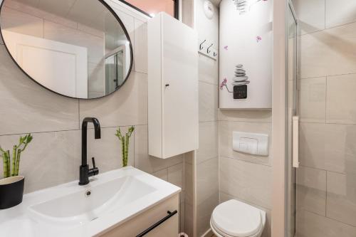 a bathroom with a sink and a mirror and a toilet at Le Cocon du Llaret - Station de ski à pied in Les Angles