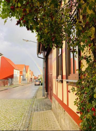 a street with a red and yellow building and a road at daZwischen Übernachten in Kammerforst