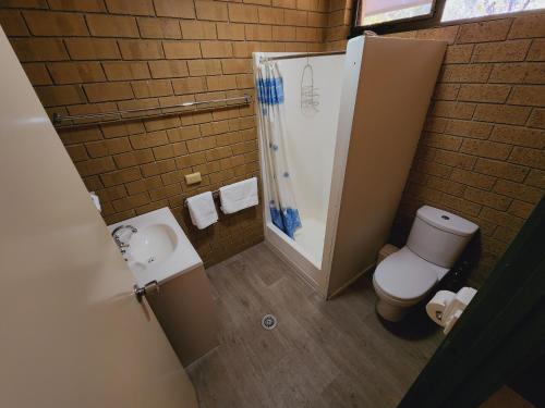 a bathroom with a shower and a toilet and a sink at Pomonal Cottages Grampians in Halls Gap