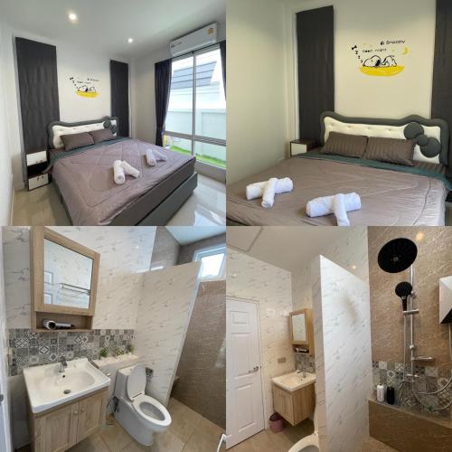 a collage of four pictures of a bedroom at ATPoolVillaHuaHin เอทีพูลวิลล่าหัวหิน in Ban Wang Bot