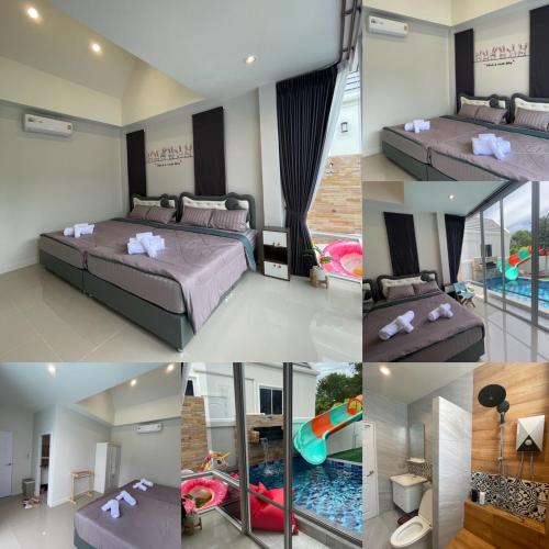 a collage of pictures of a bedroom with a pool at ATPoolVillaHuaHin เอทีพูลวิลล่าหัวหิน in Ban Wang Bot