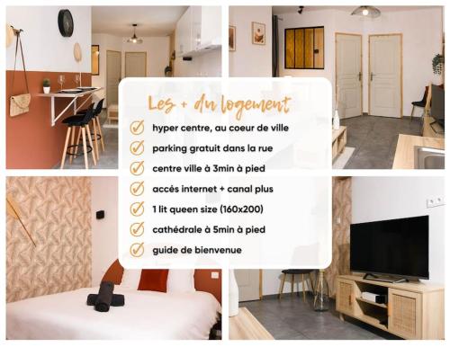 un collage de photos d'un salon et d'une cuisine dans l'établissement T2 Idéalement Situé * Hyper Centre/Canal Plus *, à Amiens