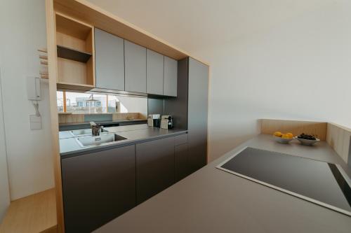 a kitchen with black cabinets and a sink at RELAX APARTMENTS An der Lage Hochgraßnitzberg in Spielfeld