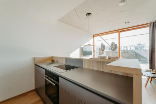 a kitchen with a counter and a sink and a window at RELAX APARTMENTS An der Lage Hochgraßnitzberg in Spielfeld